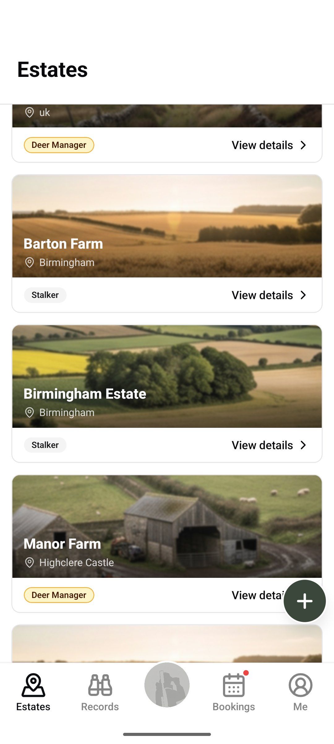 Estates list with the add estate button