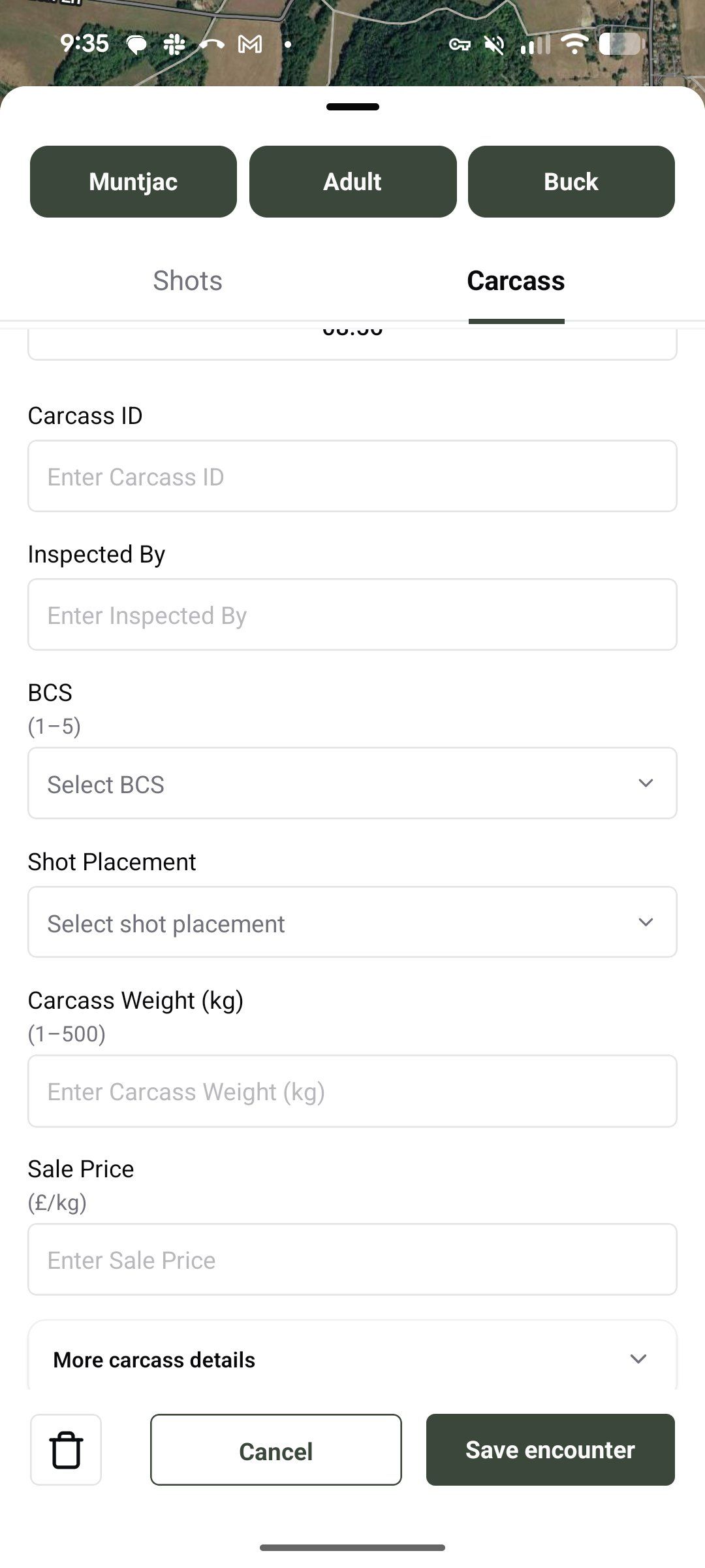 Carcass tab with the sale price field