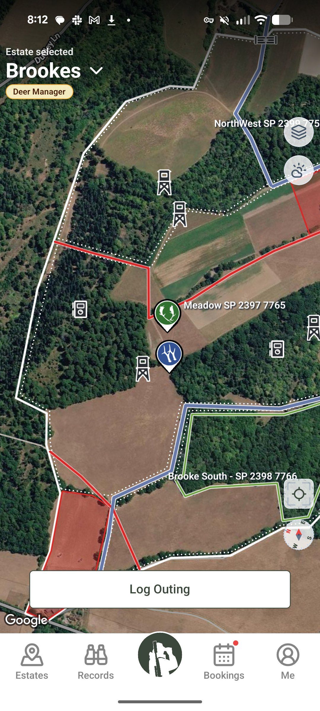 Estate map with the Log outing button