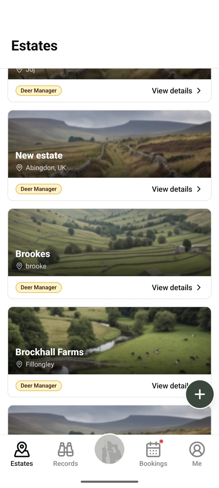 Estates list with Brookes selected